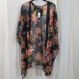 Lane Bryant OS 1X 2X 3X 4X 5X Black Pink Floral Georgette Sheer Kimono Ruana